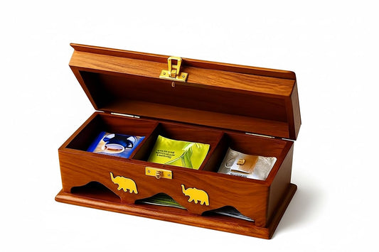 Handcrafted Rosewood Tea Box Organizer with Brass Inlay – 3-Compartment Storage Chest for Tea Bags, Spices & Keepsakes – Natural Wood Tea Caddy