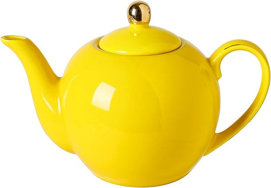 30oz Yellow Porcelain Teapot with a Speckled Glaze, Sunny Ceramic Teapot with Gold Trim for Loose Leaf and Blooming Tea, Tea Party Essential