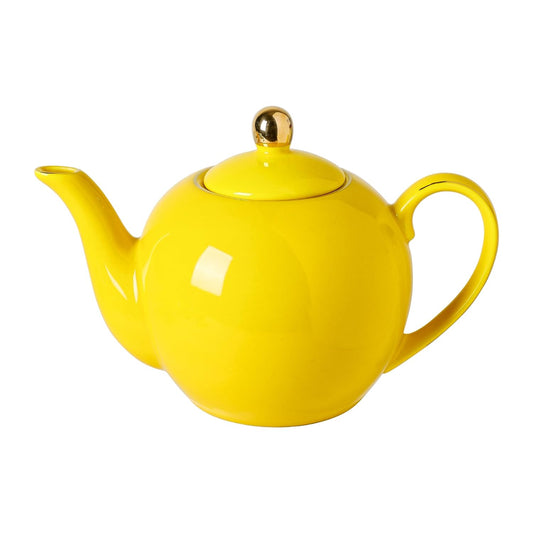 30oz Yellow Porcelain Teapot with a Speckled Glaze, Sunny Ceramic Teapot with Gold Trim for Loose Leaf and Blooming Tea, Tea Party Essential