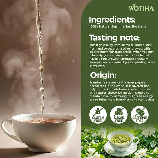 WOTIHA 80 Count Premium Jasmine Tea Bags - 100% Natural Jasmine, Aromatic Floral Fragrance, Caffeine-Free, Additive-Free, Sugar-Free, Vegan