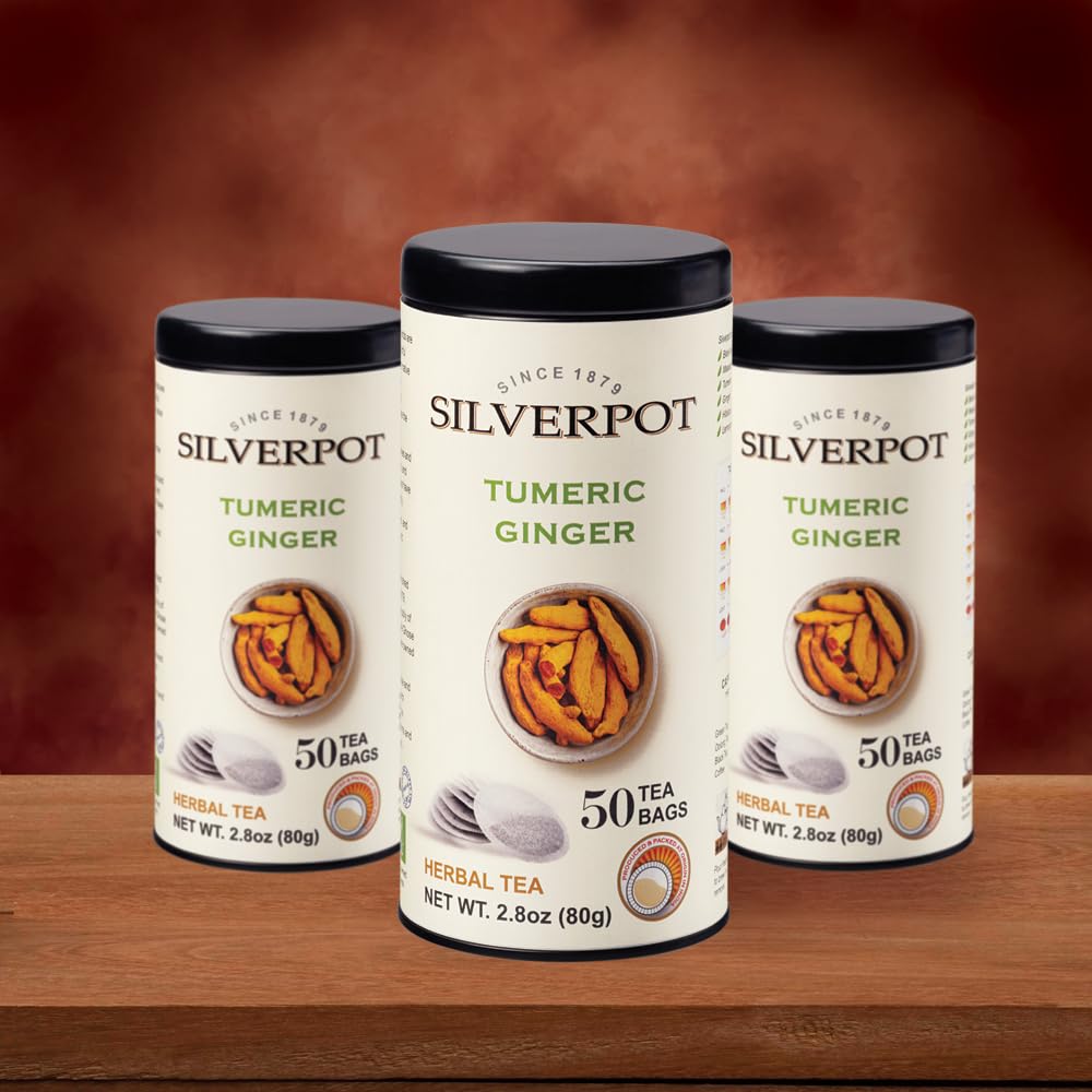 Silverpot Turmeric &amp; Ginger Tea Bags, 50 Count, Ginger Turmeric Root, Herbal Ginger Turmeric Tea, Warming, Hot or Iced, Caffeine Free, 100% Natural