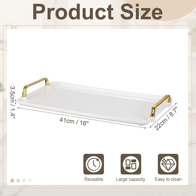 uxcell Plastic Serving Tray with Golden Handle, 16 x 8.7 Modern Rectangular Decorative Tray Acrylic Reusable Tea Platter for Countertop Bathroom