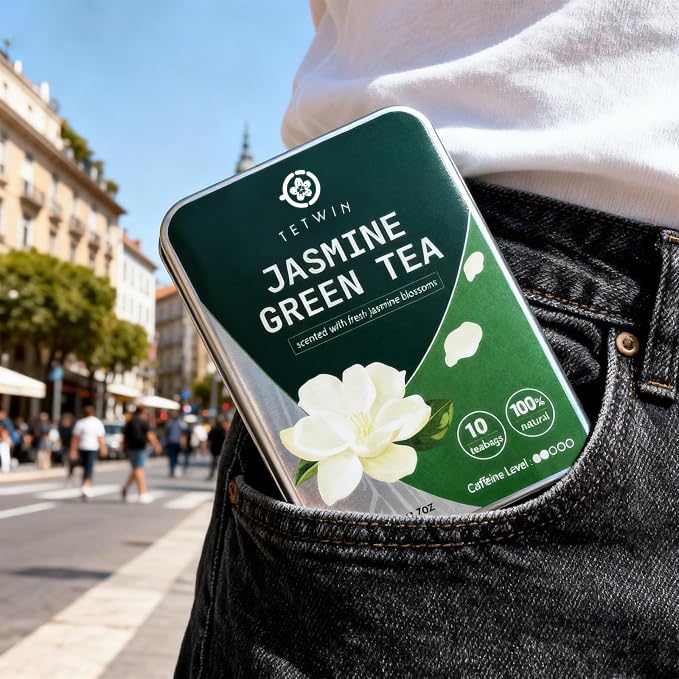 TETWIN Jasmine Green Tea Loose Leaf in PLA Tea Bags, 10ct Samplers in Mini Tin –Smooth Jasmin Aroma &amp; Gift-Ready, party favor