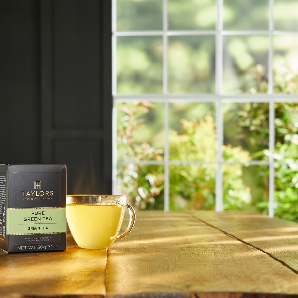 Taylors of Harrogate Pure Green Tea, Individually Wrapped Bags, 20 Count (Pack of 1), Delicate, Mellow and Crisp, Caffeinated, Enjoy Hot or Iced, 20 Teabags
