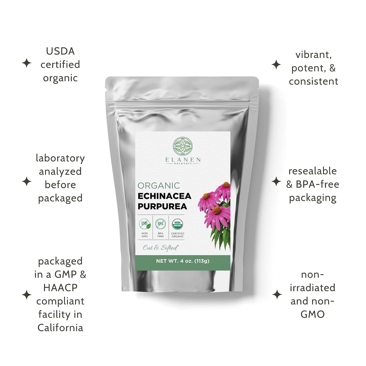 Organic Echinacea Purpurea 4 oz. (113g), USDA Certified Dried Echinacea Tea, Premium Quality Herb, Purple Coneflower, Cut &amp; Sifted