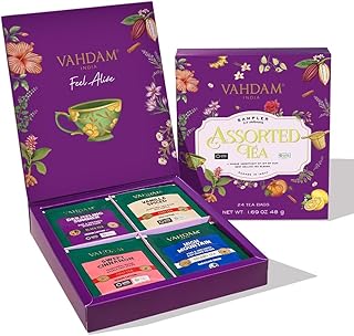VAHDAM, Assorted Tea in Presentation Box (24 Variants, 24 Pyramid Tea Bags) Long Leaf Pyramid Variety Pack | Premium Tea Gifts | Gifts for Women & Men