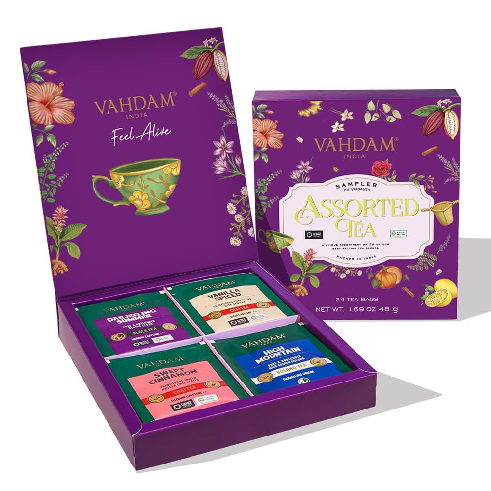 VAHDAM, Assorted Tea in Presentation Box (24 Variants, 24 Pyramid Tea Bags) Long Leaf Pyramid Variety Pack, Premium Tea Gifts, Gifts for Women & Men