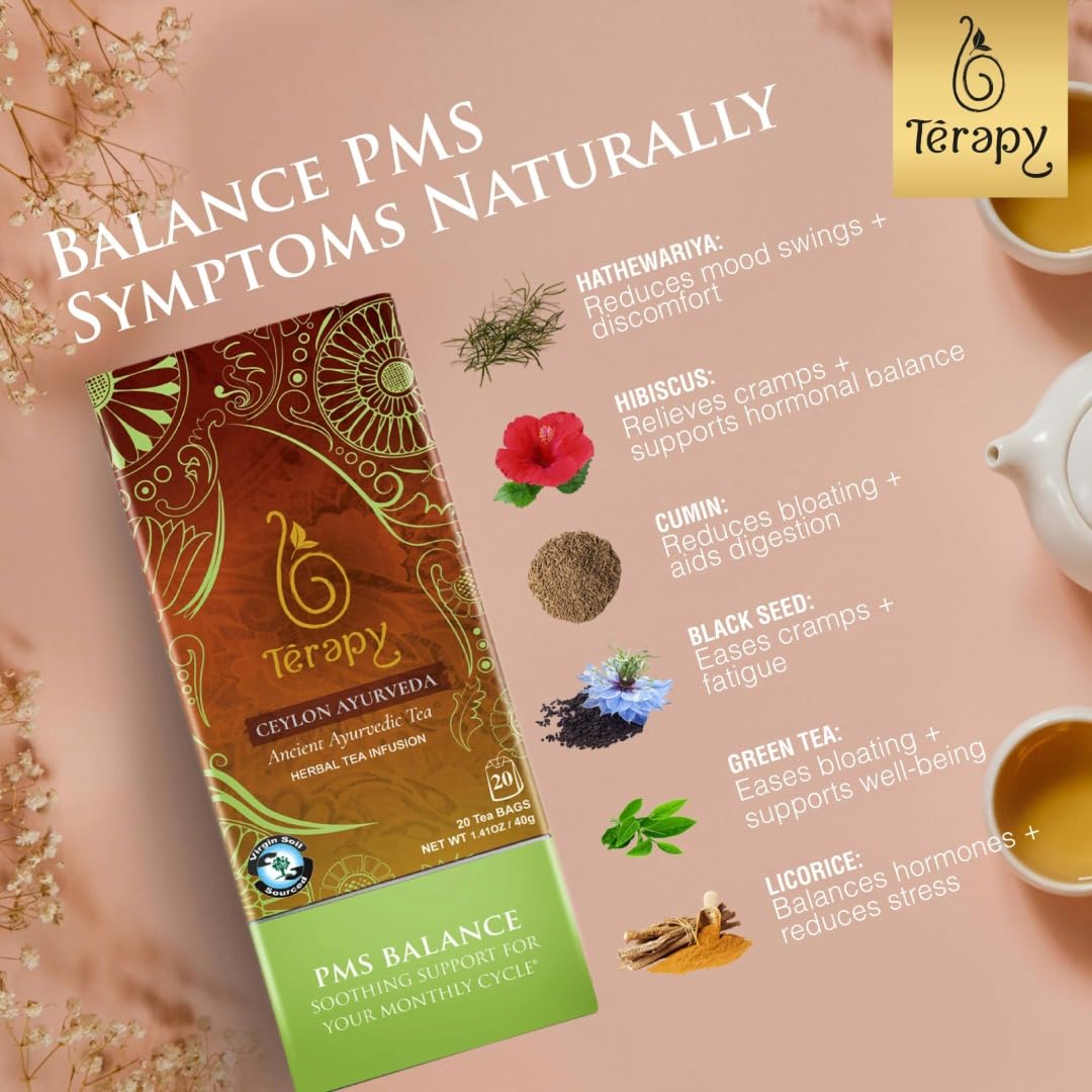 TERAPY Ceylon PMS Balance Tea for Women - Period Tea for PMS Relief, Menstrual Cycle and PCOS, Herbal Blend with Shatavari, Red Hibiscus, Cumin &amp; More - No Artificial Additives - 20 Teabags, 1 Pack