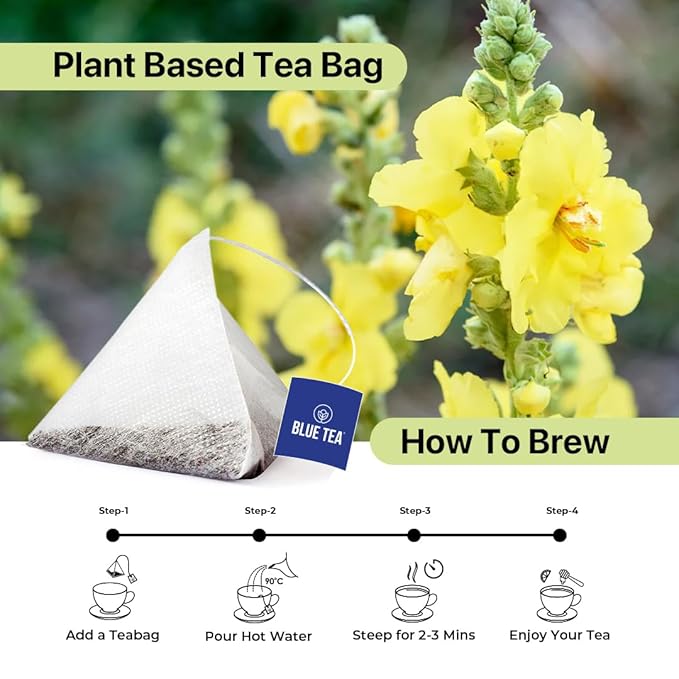 Blue TEA Mullein Tea – 50 Pyramid Plant-Based Tea Bags – Caffeine-Free, Non-Bitter, Ziplock Pack