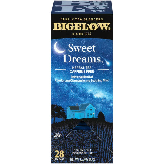 Bigelow Sweet Dreams Herbal Tea 28-Count Box Relaxing Blend of Chamomile & Mint Caffeine-Free Nighttime Herbal Tea in Individual Foil-Wrapped Bags
