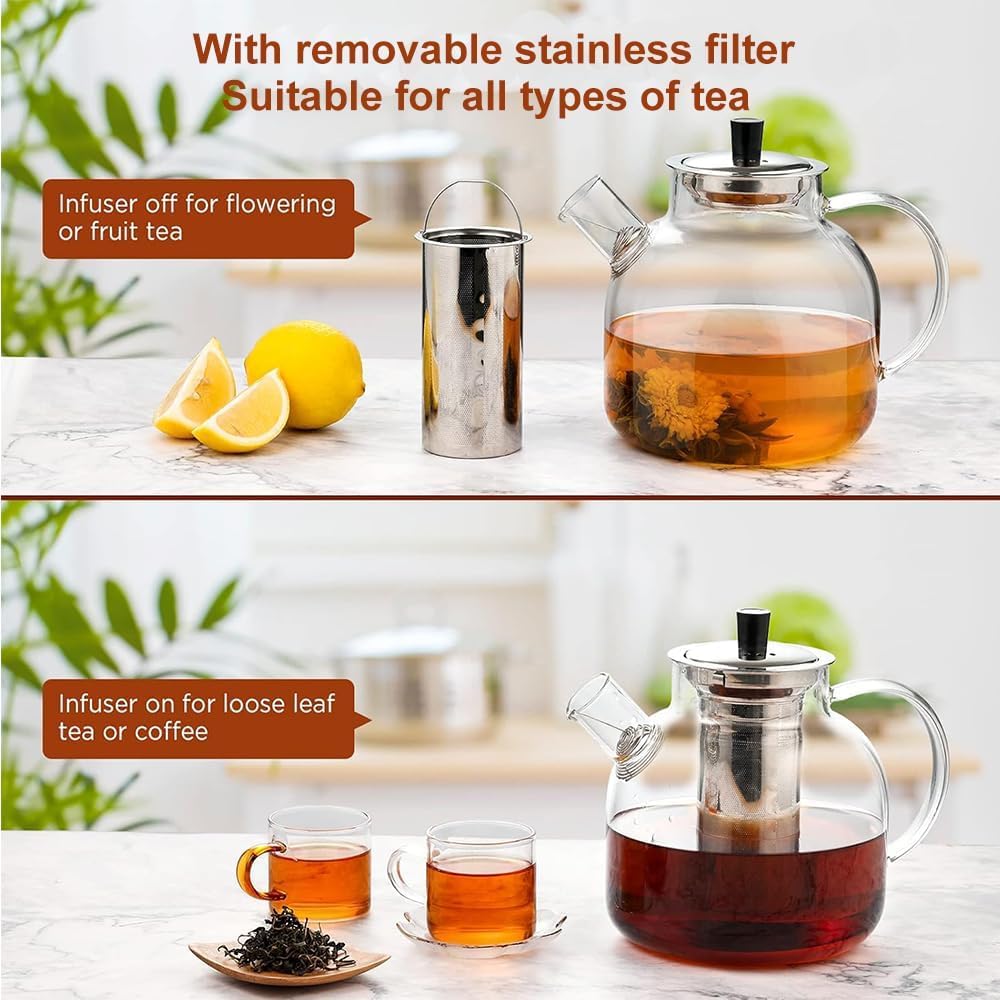 1500ml(50oz) Glass Teapot with Removable Infuser, Ehugos Stovetop Safe Large Tea Pot, Blooming and Loose Leaf Hand Crafted