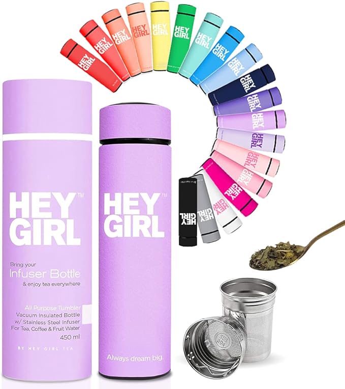 Hey Girl Tea Infuser Bottle 450ml - Insulated Stainless Steel Water Bottle - Tea Tumbler with Tea Diffuser