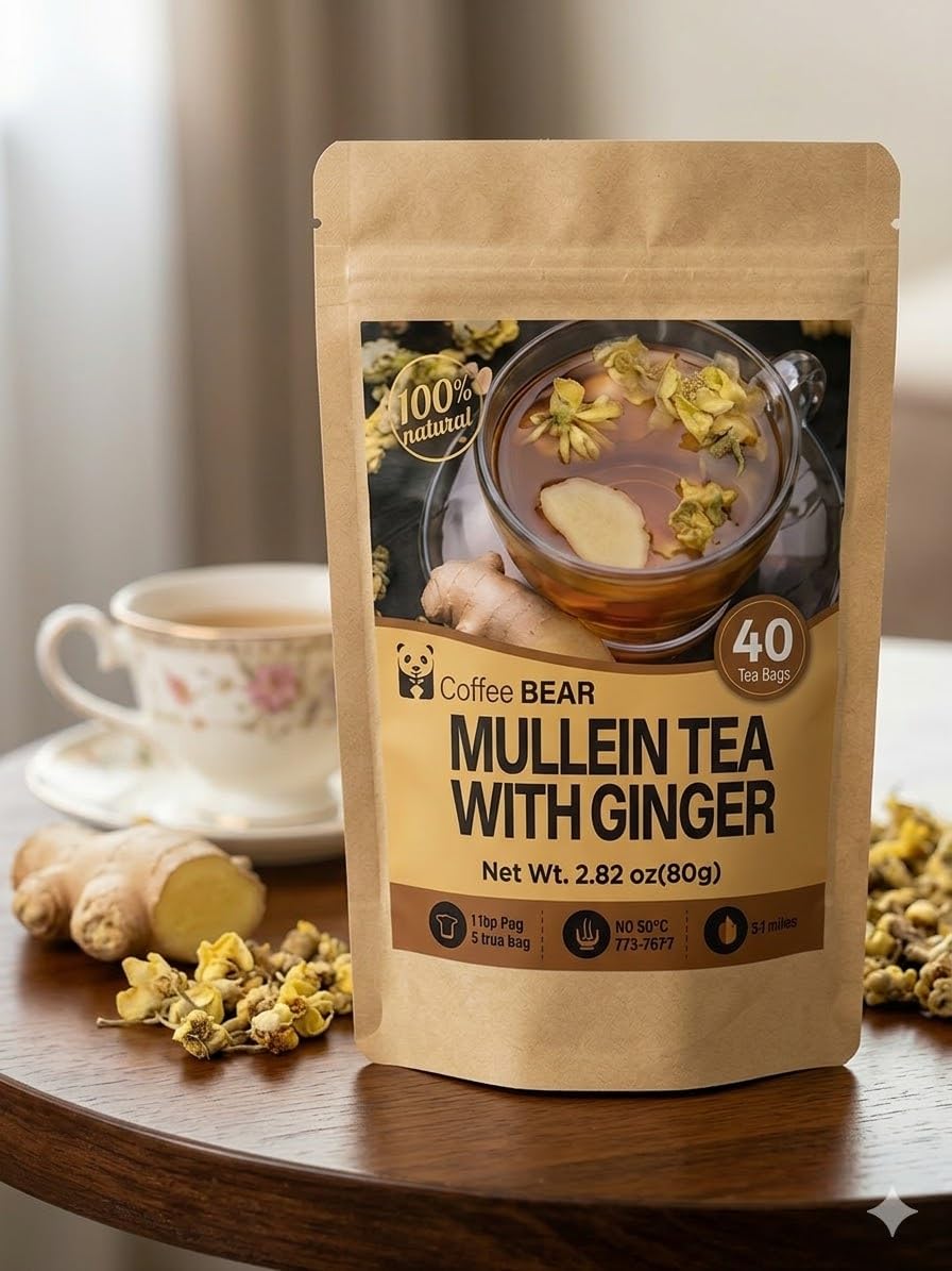 Mullein Tea with Ginger – 40 Tea Bags (2.82 oz) – Herbal Tea Blend for Lung & Respiratory Support – Caffeine-Free Natural Detox & Soothing Tea – Smooth Earthy Flavor