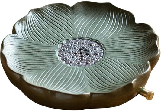 Garneck Tea Tray Ceramic Tea Serving Tray with Draining Board Retro Lotus Pattern Pot Mat Chinese Gongfu Coffee Table Table Box with Water Storage for Kungfu Set 20CM
