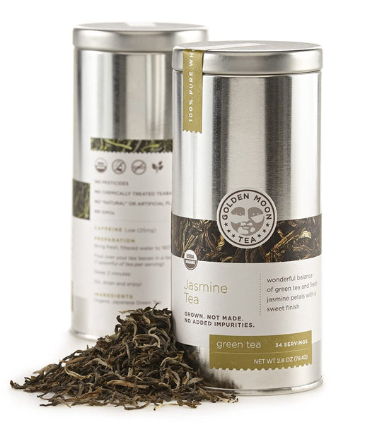 Golden Moon Organic Jasmine Green Tea Travel Tin – 34 Servings 2.5oz | Organic jasmine green tea in airtight travel tin – real blossoms, no flavor sprays. On-the-go, 34 servings.