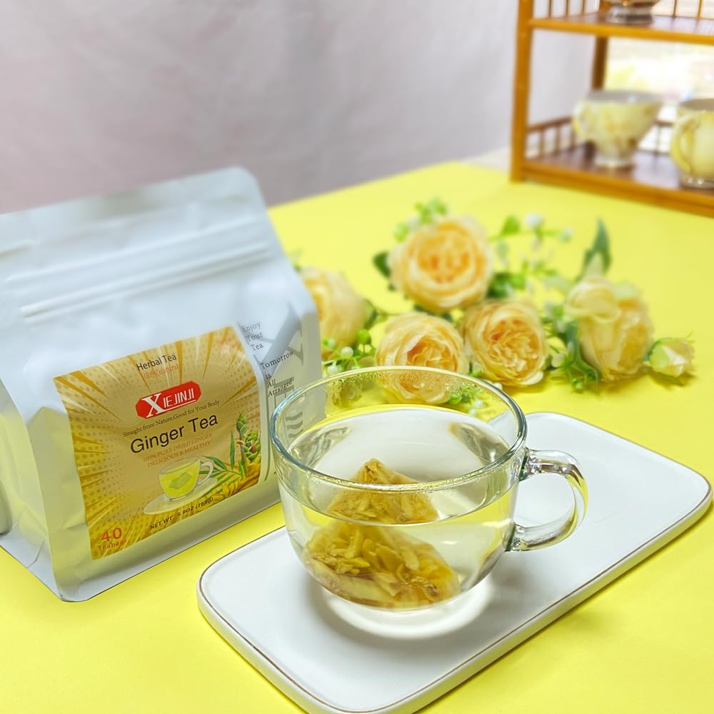 XIEJINJI Ginger Tea Bags, 100% Pure Dry Ginger Root, 4.2g x 40 Teabags, Re-usable for Brew, Spicy Digestive Ease, Eco-Conscious Tea Bags, Resealable Bag