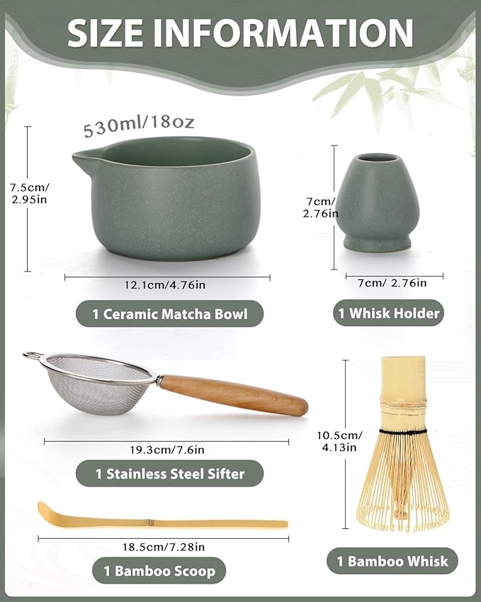 20OZ Matcha Whisk Set - 5PCS Chasen Set Includes Matcha Bowl with Spout, Bamboo Whisk with Ceramic Holder, Macha Scoop and Sifter