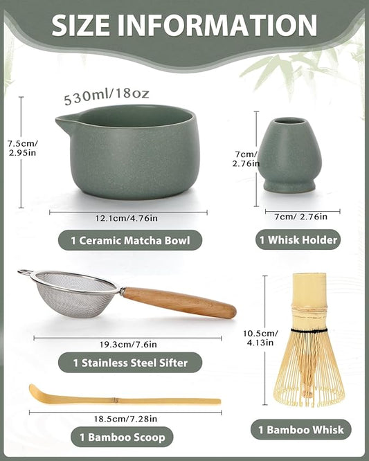 20OZ Matcha Whisk Set - 5PCS Chasen Set Includes Matcha Bowl with Spout, Bamboo Whisk with Ceramic Holder, Macha Scoop and Sifter