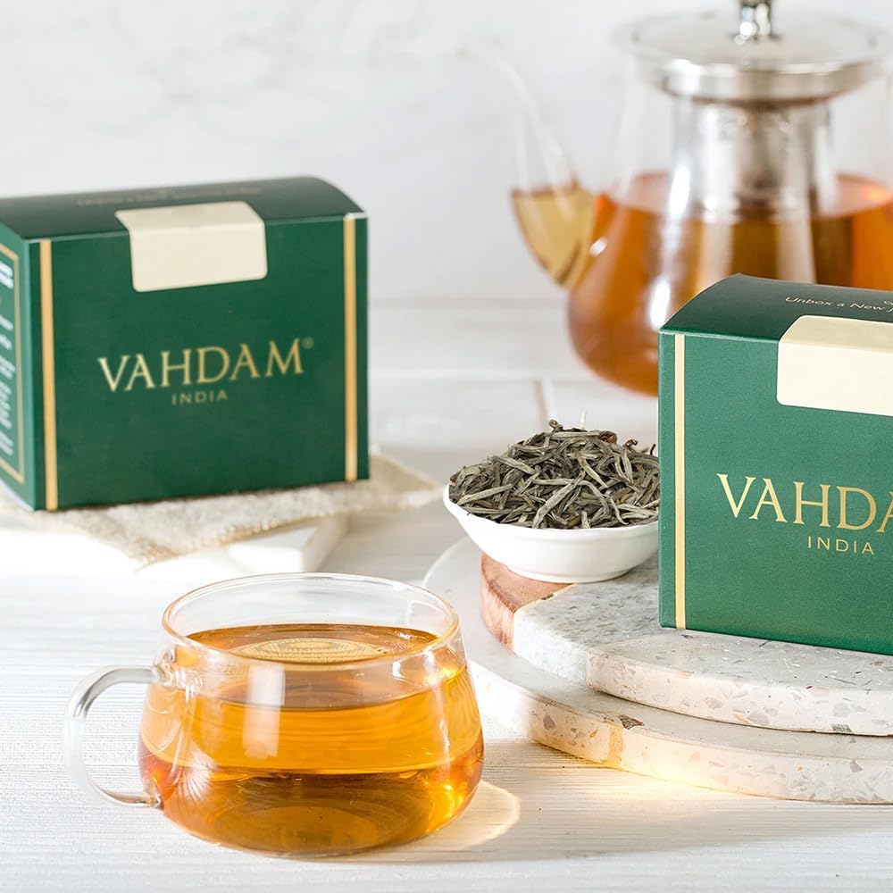 VAHDAM White Pine Needle Tea Loose Leaf(1.76oz|25 cups) Silver Pine Needle | Mellow, Fragrant &amp; Delicious |100% Pure and Unblended| Caffeine Free, Non GMO |Vacuum Sealed| Brew Hot/Iced or as Kombucha