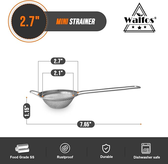 Walfos Mini Fine Mesh Tea Strainer, Stainless Steel Small Sifter with Sturdy Handle, 2.7 Inch Kitchen Metal Sieve for Tea, Coffee, Cocktail, Juice