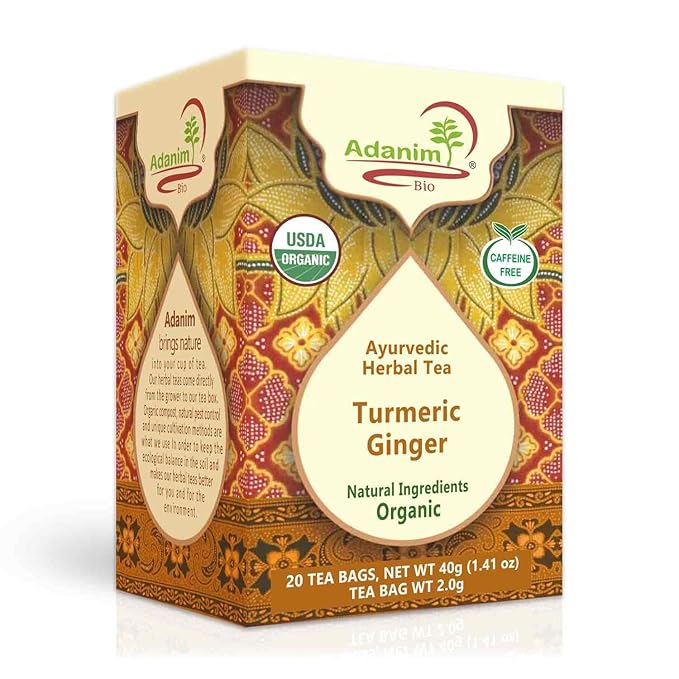 Adanim Bio Turmeric Ginger Herbal Tea 20 Individually Wrapped Tea Bags Organic Caffeine Free Herbal Infusion with Turmeric Ginger USDA Organic