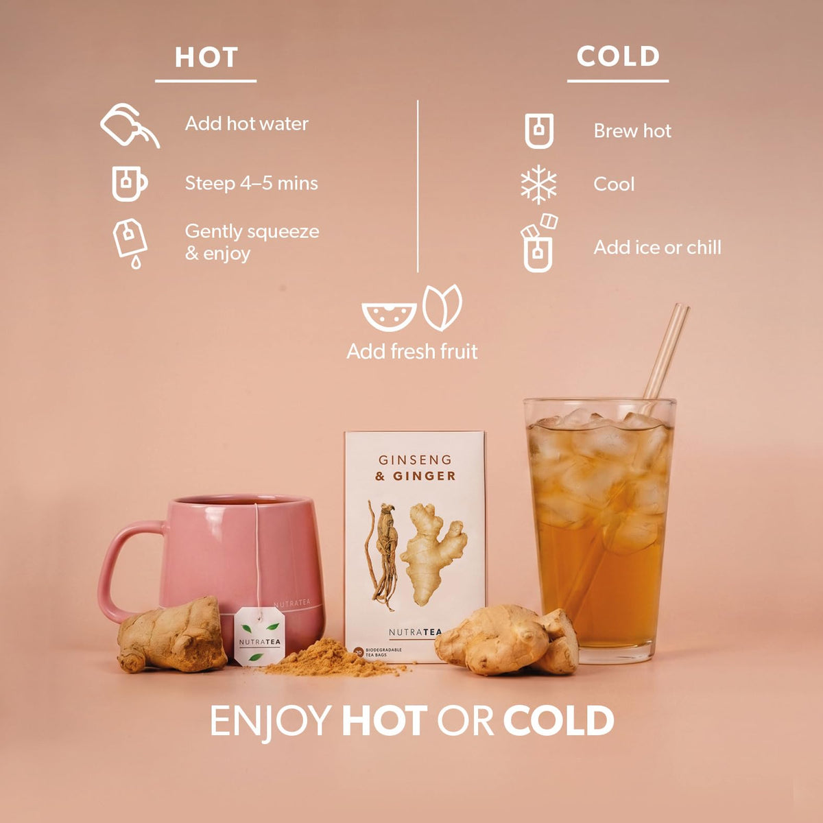 Nutra Tea Ginger & Ginseng Tea | Ginger Tea - 50% Ginger & 50% Ginseng Herbal Infusion - Caffeine Free, Natural Herbal Blend