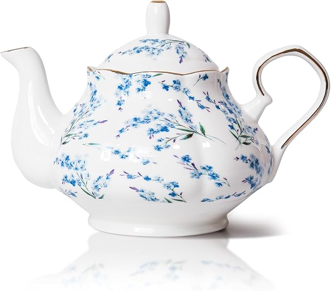 33.8 oz Porcelain Tea Pot Luxury Gold Trim Floral Ceramic Teapot Waterpot Tea Maker for Blooming Loo