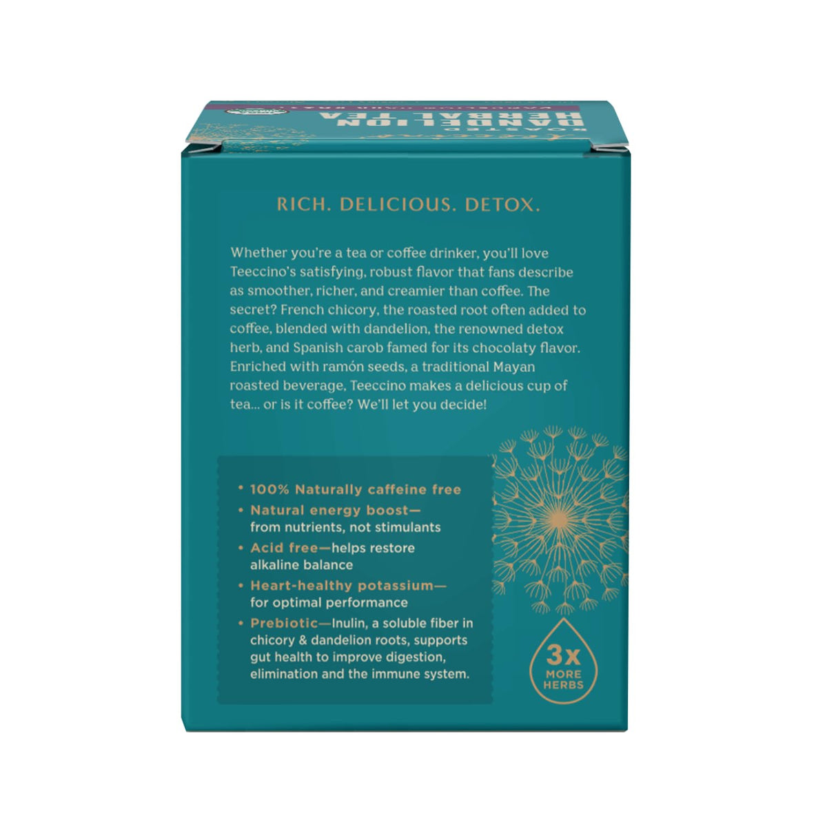Teeccino Org Dandelion Dark Roast Tea – Caffeine Free Prebiotic 10 Tea Bags