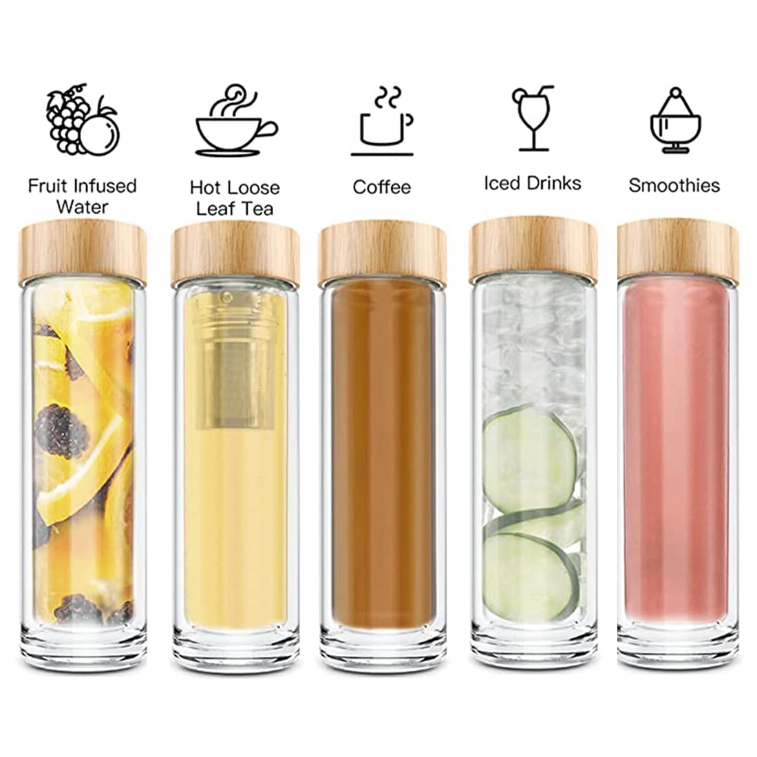 COMI Tea Infuser Bottle, Glass Tea Bottle with Infuser, 14 oz, Double Wall