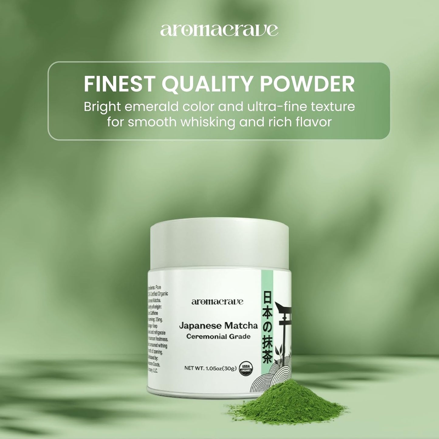 AROMACRAVE Japanese Matcha Green Tea Powder – Ceremonial Grade – Premium Finely Ground Green Tea – Smooth Flavor for Traditional Tea, Lattes & Baking – 1.05 oz (30g)