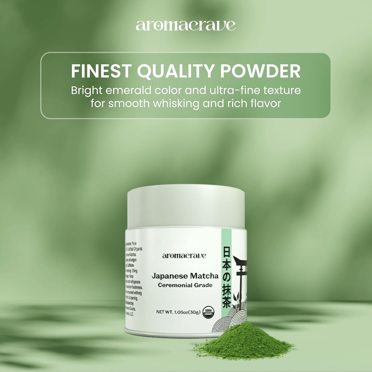 AROMACRAVE Japanese Matcha Green Tea Powder – Ceremonial Grade – Premium Finely Ground Green Tea – Smooth Flavor for Traditional Tea, Lattes & Baking – 1.05 oz (30g)