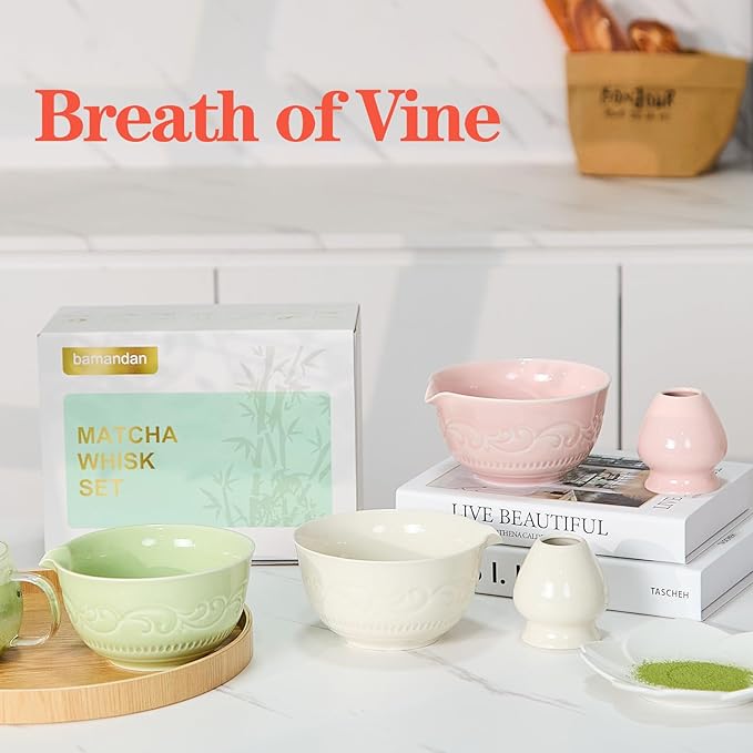 7-Pcs Pink Matcha Whisk Set, Japanese Ceremony Matcha Kit Includes Bowl With Spout, 100% Natural Bamboo Whisk and Holder, Scoop, Scoop Rest, Strainer and Tea Towel - Ideal Gift Christmas, Birthday
