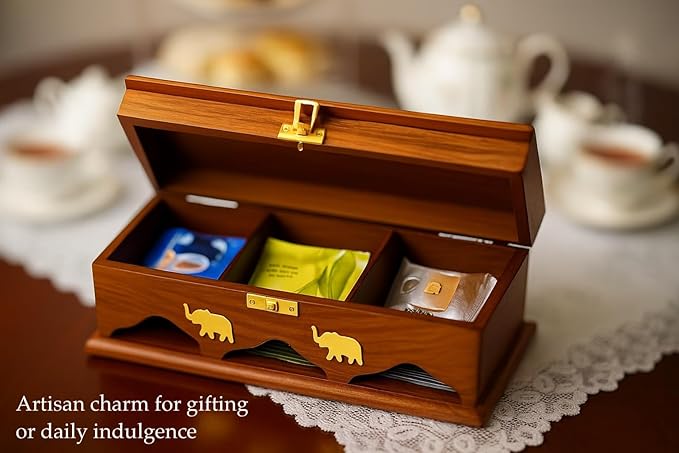 Handcrafted Rosewood Tea Box Organizer with Brass Inlay – 3-Compartment Storage Chest for Tea Bags, Spices & Keepsakes – Natural Wood Tea Caddy – Artisan Kitchen & Gift Item from South Asia