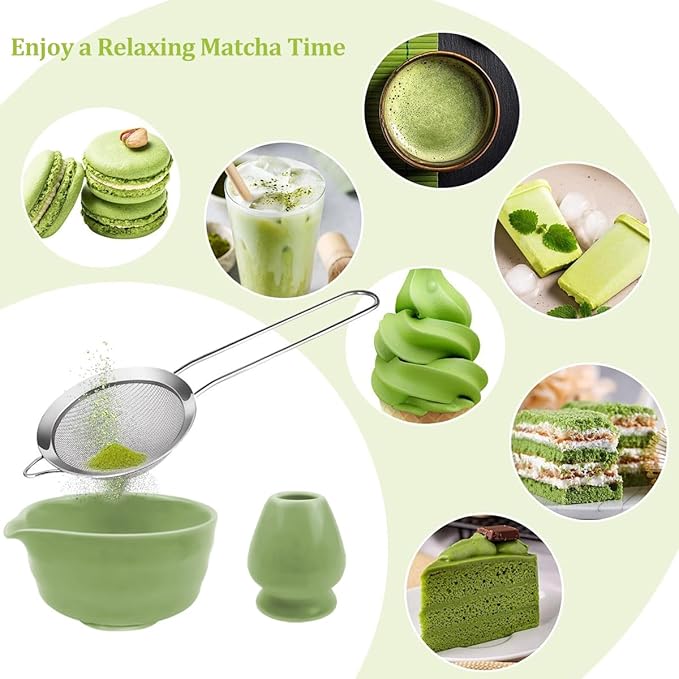 Ceramic Matcha Set Includes 17 OZ Matcha Bowl with Spout, Matcha Whisk Holder, Bamboo Whisk and Scoop, Stainless Steel Sifter - 5 Pcs Green Matcha Kit for Matcha Tea Ceremony, Gift for Matcha Lovers