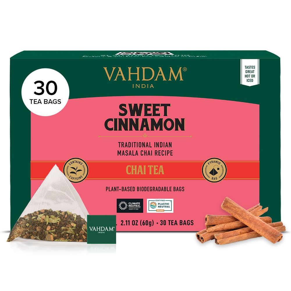 VAHDAM Sweet Cinnamon Tea (30 Pyramid Tea Bags) | Non-GMO, Gluten-Free, No Artificial Flavors | Cinnamon Masala Chai | Whole