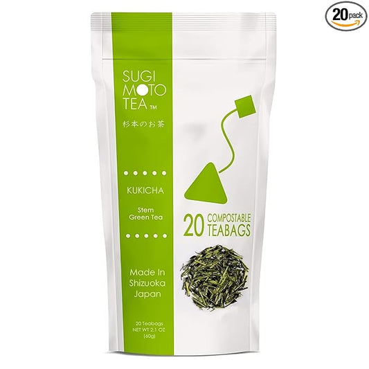 SUGIMOTO TEA Japanese Kukicha Stem Green Tea Bags 20 Count Pack of 1