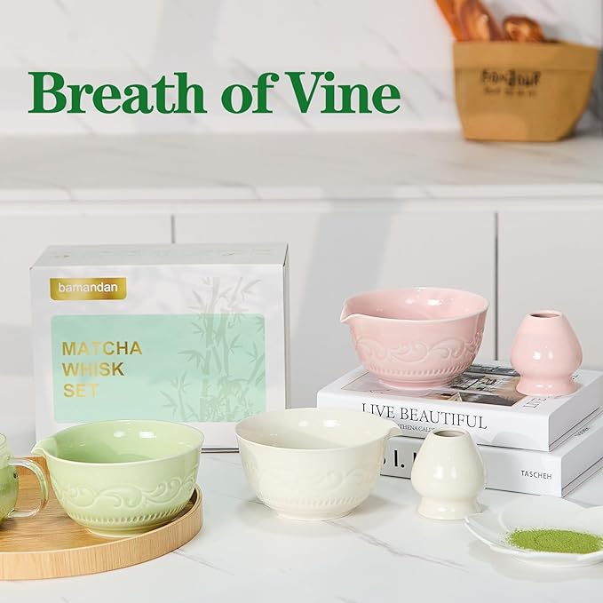 7-Pcs Matcha Whisk Set, Matcha Kit Set Includes Bowl With Spout, 100% Natural Bamboo Whisk, Japanese Ceremony Matcha Tea Making Tools - Ideal Gift Christmas, Birthday（Lucky Green）