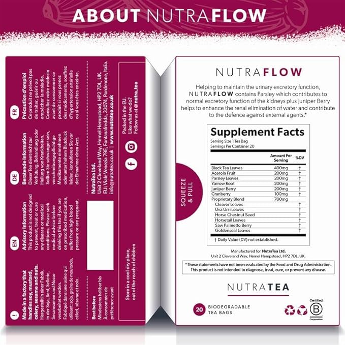Nutraflow Herbal Tea Blend – Includes Horsetail, Yarrow & Goldenseal - Support Health Cleansing Process - 40 Enveloped Tea Bags - by Nutra Tea