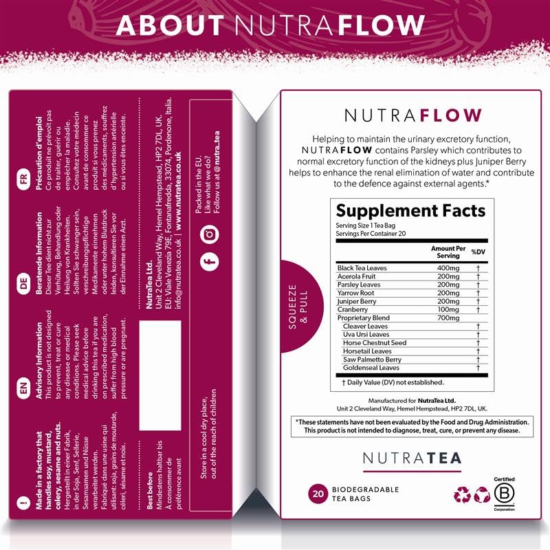 NUTRAFLOW Herbal Tea Blend – Includes Horsetail, Yarrow &amp; Goldenseal - Support Health Cleansing Process - 40 Enveloped Tea Bags - by Nutra Tea - (2 Pack)