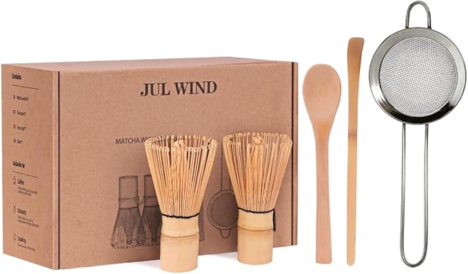 Bamboo Matcha Whisk Set with 2-pack 100% Natural Bamboo matcha Whisk,Sifter,Tea Scoop and Tea Spoon，Handcrafted Traditional Japanese Chasen