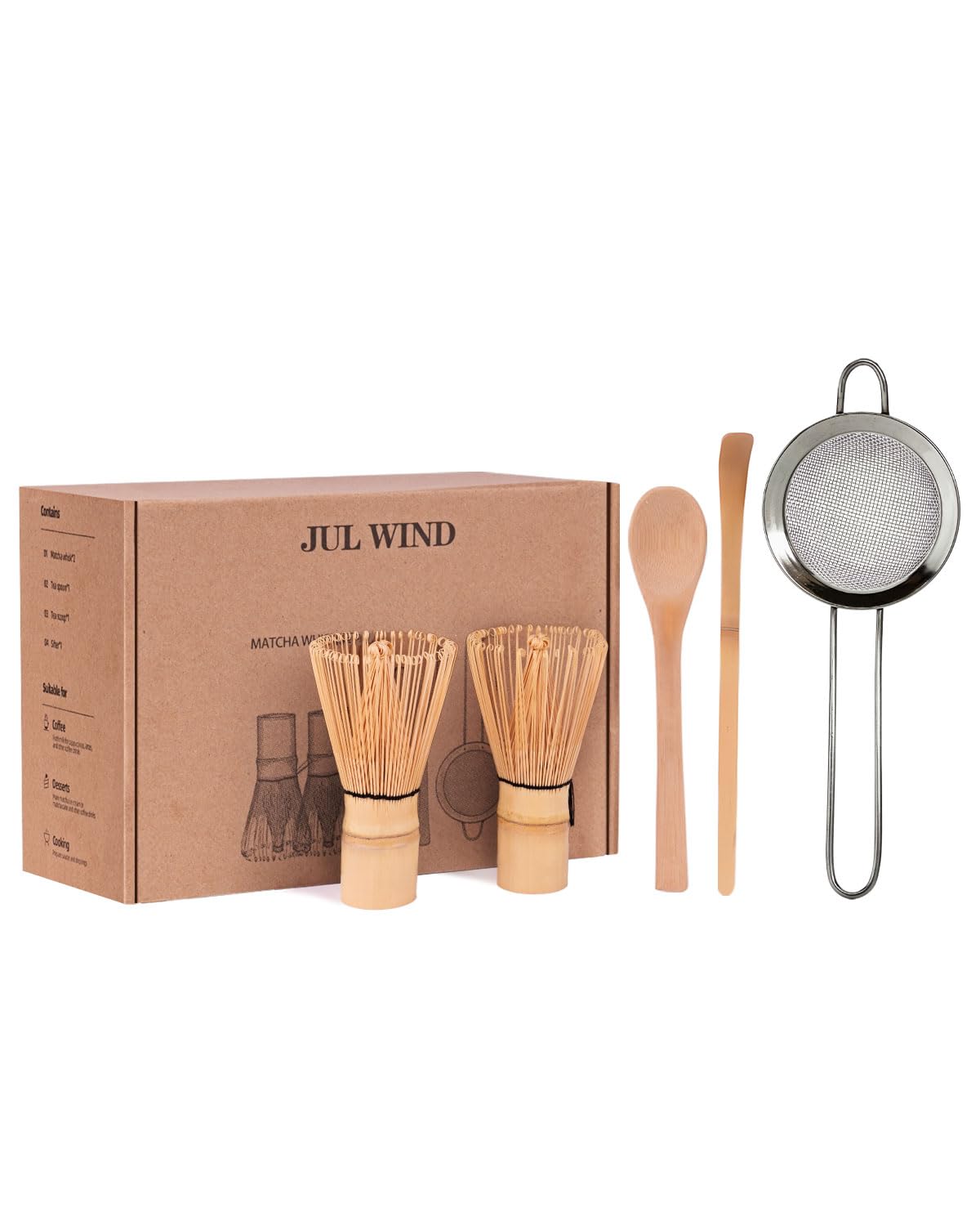 Bamboo Matcha Whisk Set with 2-pack 100% Natural Bamboo matcha Whisk,Sifter,Tea Scoop and Tea Spoon，Handcrafted Traditional Japanese Chasen