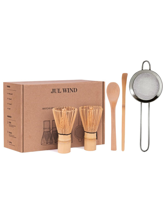 Bamboo Matcha Whisk Set with 2-pack 100% Natural Bamboo matcha Whisk,Sifter,Tea Scoop and Tea Spoon，Handcrafted Traditional Japanese Chasen