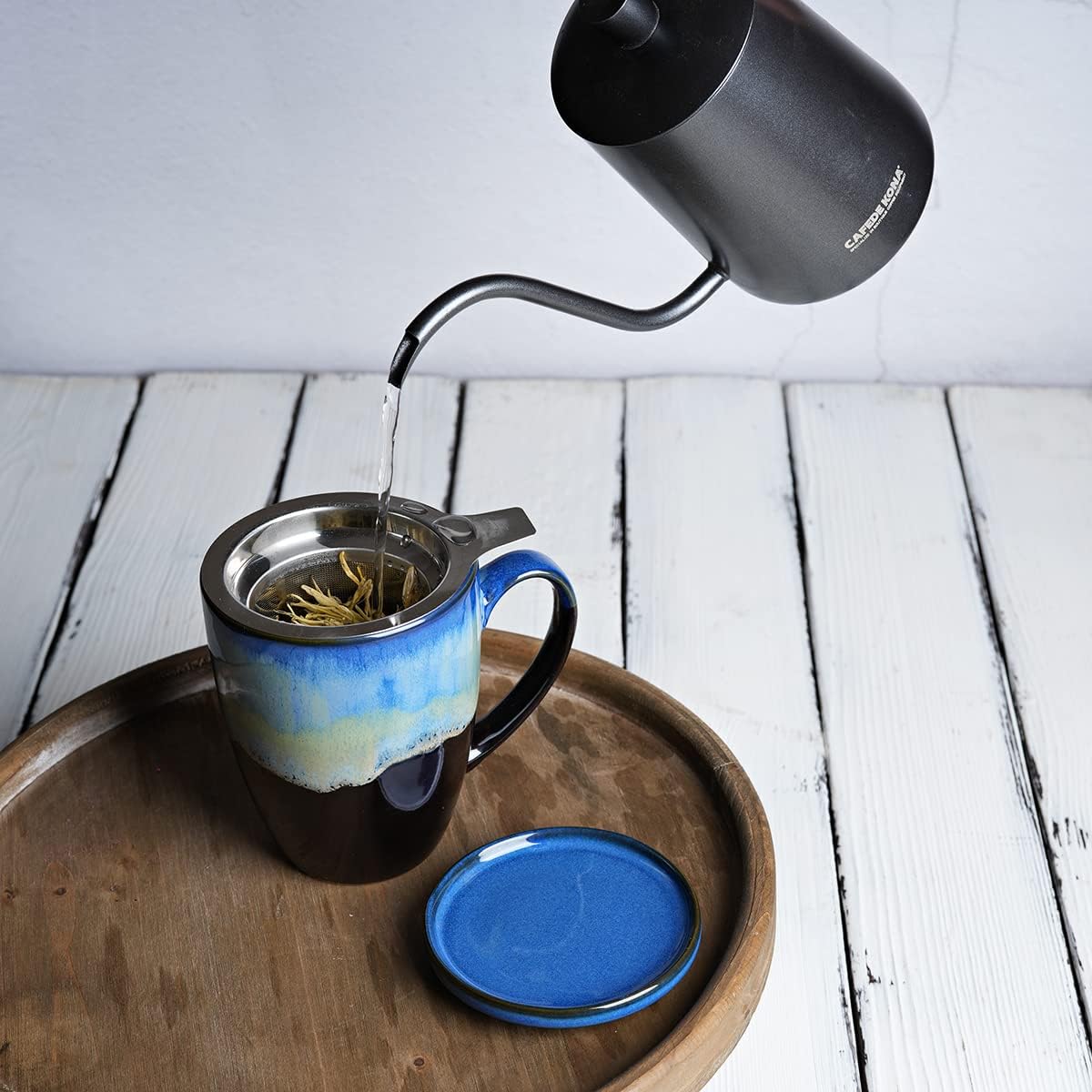 Bosmarlin Ceramic Tea Cup with Infuser and Lid, 13.5 Oz, 4 Colors to Choose, Dishwasher and Microwave Safe, Reactive Glaze, Steeping Tea Mug with Strainer