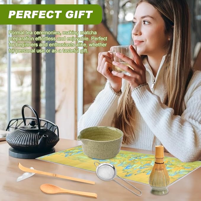 8 Pcs Matcha Whisk Set with Bamboo Whisk, Ceramic Bowl, Sifter, Scoop, Holder, Stand, and Tea Towel, Unique Gifts for Matcha Lover Home Kitchen Decor Gifts for Tea Enthusiasts Christmas