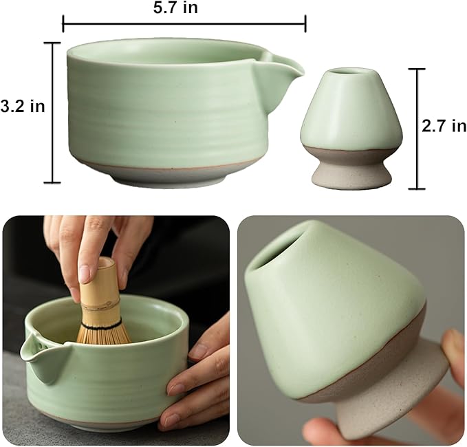 Handmade Ceramic Matcha Bowl Set with Spout & Whisk Holder - Traditional Chasen Tea Whisk Ritual Kit, Gift-Ready Chawan for Matcha Lovers (Green)