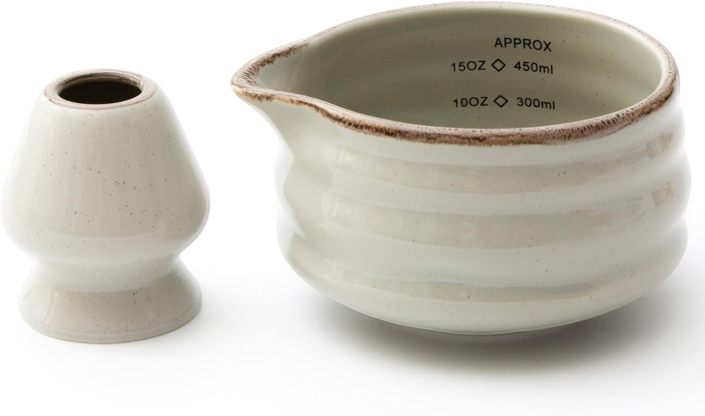 Ceramic Matcha Bowl with Bamboo Whisk Holder, Grey, Set of 2 | 16.5OZ Bowl with Spout and Measurement Marks, Japanese Tea Mixing Bowl with Whisk Stand, Matcha Gift Set, Ideal Gift Choice