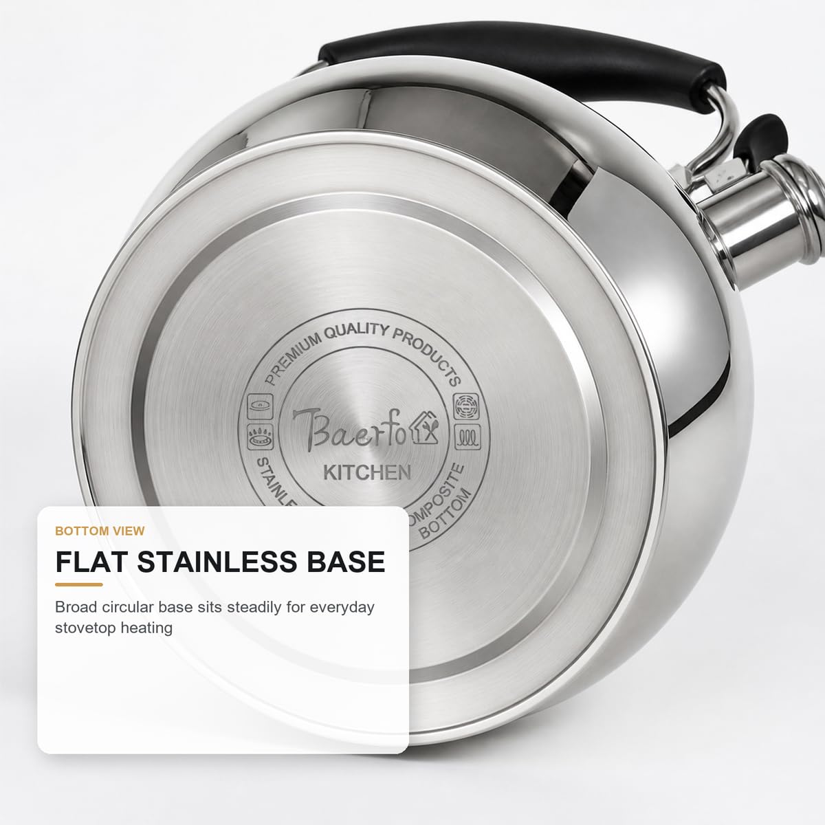 BAERFO 2 Qt Whistling Tea Kettle, Stainless Steel Stovetop Kettle, Silver