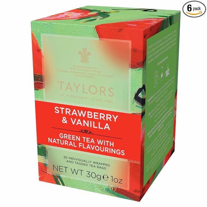 Taylors of Harrogate Strawberry & Vanilla, Green Tea, Individually Wrapped Bags, 20 Count (Pack of 6), Smooth, Juicy and Sweet, Caffeinated