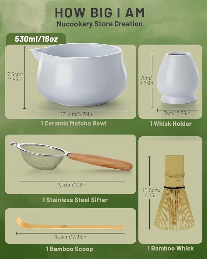 Nucookery Matcha Whisk Set - 5 Pcs Matcha Set with 18oz Ceramic Matcha Bowl (Chawan) with Spout, Bamboo Whisk & Holder, Scoop and Sifter