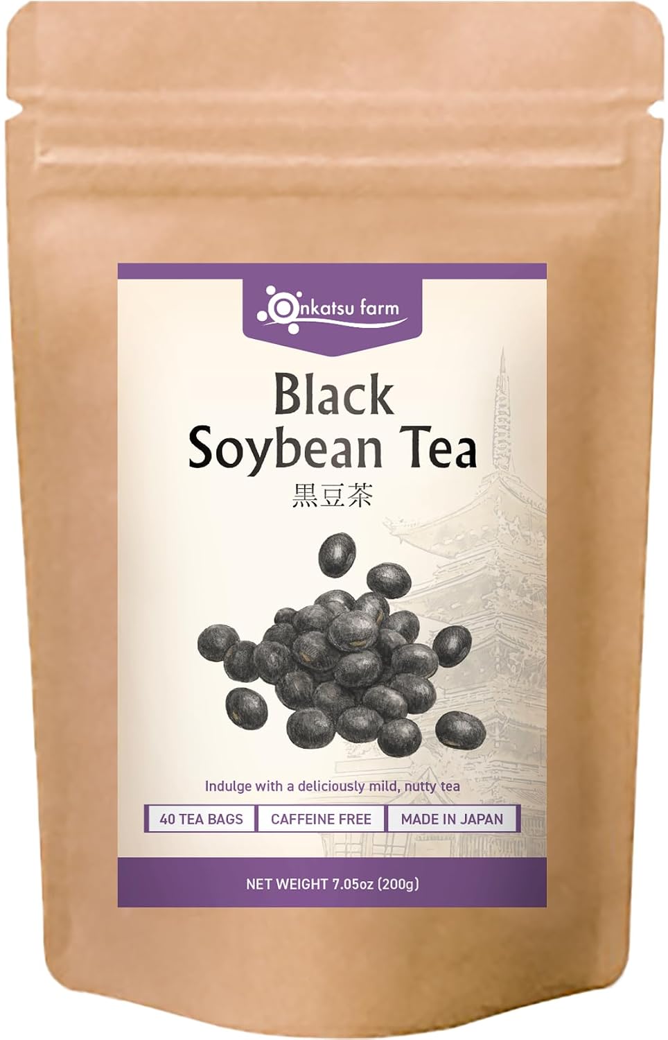 Onkatsu Farm Black Soybean Premium Japanese Tea Bags, Rich Nutty Flavor Hot or Iced No Caffeine 40 Count Teabags